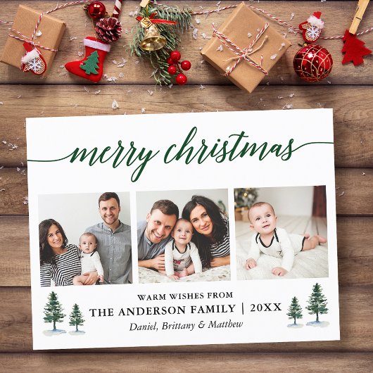 Moderne kalligrafie Green Pines Kerstmis 3 Foto Briefkaart
