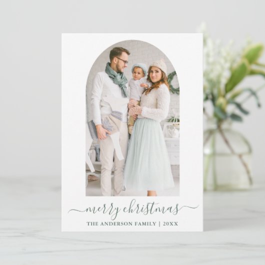 Moderne kalligrafie Groene foto Kerstmis Feestdagenkaart (Staand voorkant)