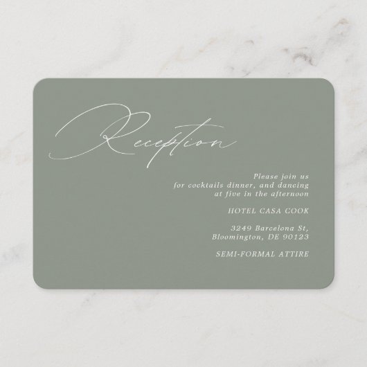 Moderne kalligrafie Groene Salie Bruiloft Receptie Informatiekaartje (Voorkant)