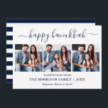 Moderne kalligrafie Hanukkah 3 Foto Blauwe Stripes Feestdagenkaart<br><div class="desc">Modern Trendy Calligraphy Script 3 Foto Familie Collage Happy Hanukkah Kaart - Navy Blue en White Stripes Back</div>