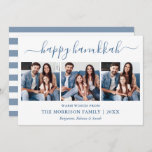 Moderne kalligrafie Hanukkah 3 Foto Blue Striped Feestdagenkaart<br><div class="desc">Modern Trendy Calligraphy Script 3 Foto Familie Collage Happy Hanukkah Card - Dusty Blue en White Stripes Back</div>