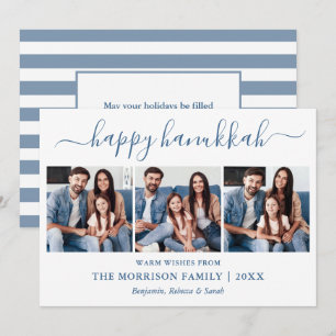 Moderne kalligrafie Hanukkah 3 Foto Blue Striped Feestdagenkaart