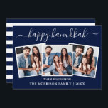 Moderne kalligrafie Hanukkah Blue Stripes 3 Foto Feestdagenkaart<br><div class="desc">Modern Trendy Calligraphy Script 3 Foto Familie Collage Happy Hanukkah Kaart - Navy Blue en White Stripes Back</div>