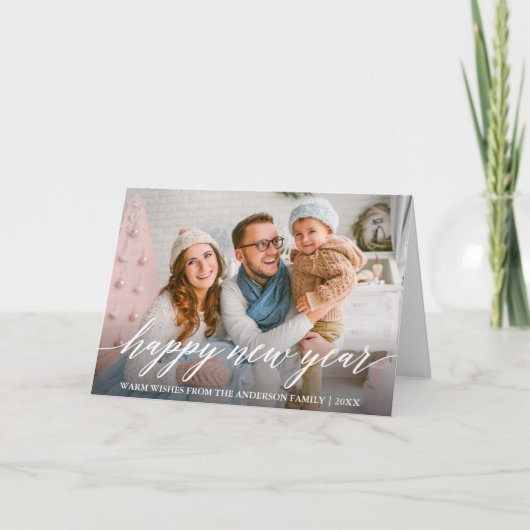 Moderne kalligrafie Happy New Year Foto Fold Feestdagen Kaart (Voorkant)