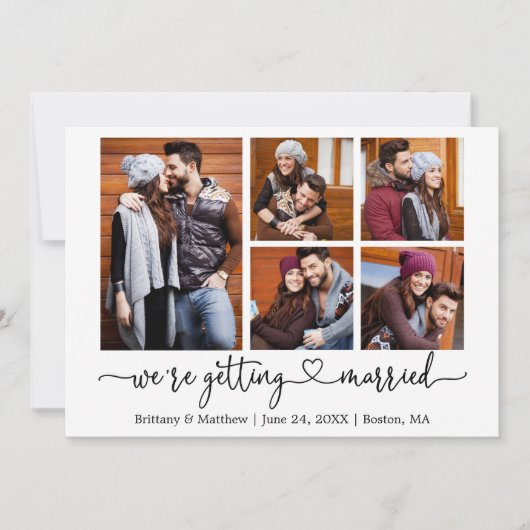 Moderne kalligrafie Hart 5 foto's trouwen Save The Date (Voorkant)