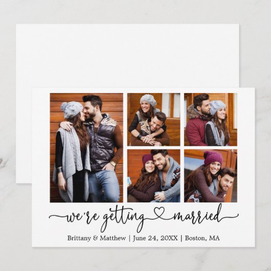 Moderne kalligrafie Hart 5 foto's trouwen Save The Date (Voorkant / Achterkant)