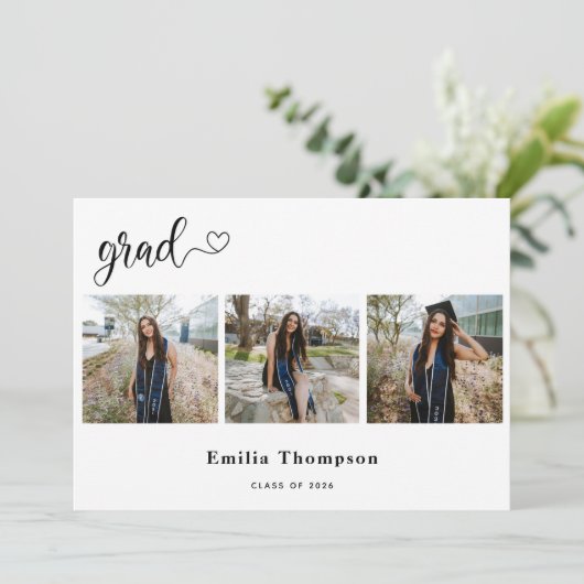 Moderne kalligrafie hart afstuderen 3 fotocollage aankondiging (Staand voorkant)