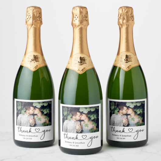 Moderne kalligrafie Hart Foto bruiloft Sparkling Wijnetiket (Flessen)