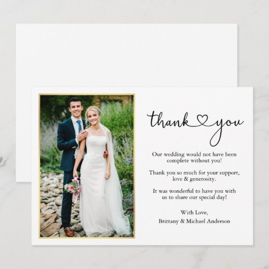 Moderne kalligrafie Hart Gouden Lijst Foto Bruilof Bedankkaart (Voorkant / Achterkant)