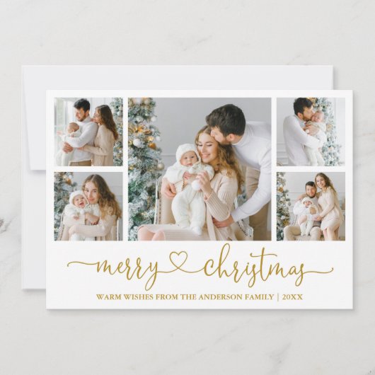 Moderne kalligrafie hart kerst 5 foto goud feestdagenkaart (Voorkant)