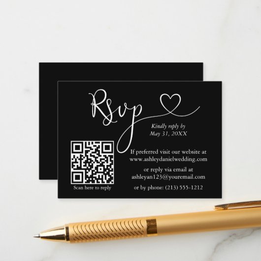 Moderne kalligrafie Hart Wedding QR RSVP Black Informatiekaartje (Voorkant / Achterkant in situ)