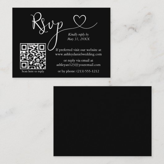 Moderne kalligrafie Hart Wedding QR RSVP Black Informatiekaartje (Voorkant / Achterkant)