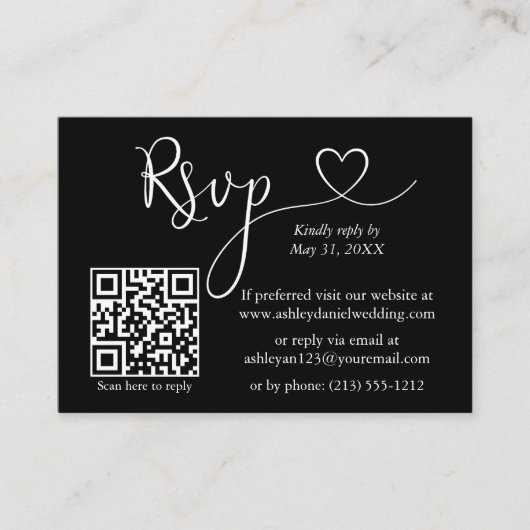 Moderne kalligrafie Hart Wedding QR RSVP Black Informatiekaartje (Voorkant)