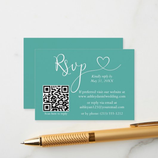 Moderne kalligrafie Hart Wedding QR RSVP Blauwgroe Informatiekaartje (Voorkant / Achterkant in situ)