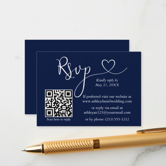 Moderne kalligrafie Hart Wedding QR RSVP Blue Informatiekaartje (Voorkant / Achterkant in situ)