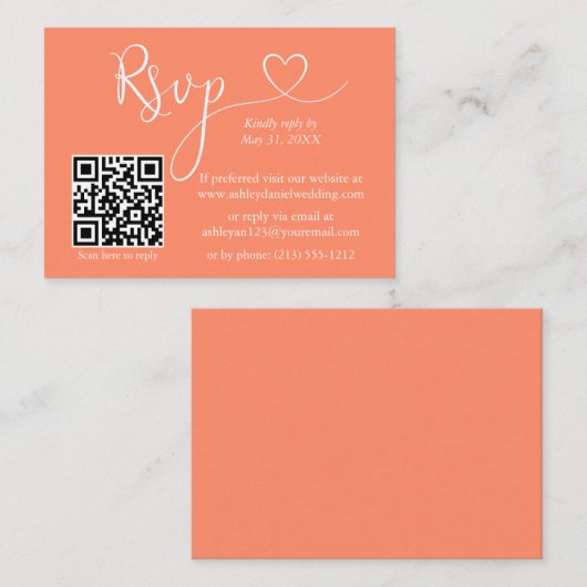 Moderne kalligrafie Hart Wedding QR RSVP Coral Informatiekaartje (Voorkant / Achterkant)