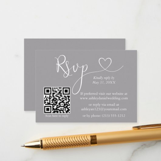 Moderne kalligrafie Hart Wedding QR RSVP Grijs Informatiekaartje (Voorkant / Achterkant in situ)