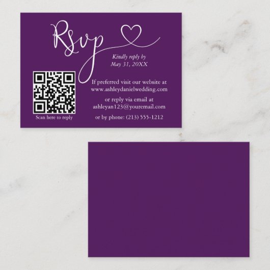 Moderne kalligrafie Hart Wedding QR RSVP Paars Informatiekaartje (Voorkant / Achterkant)
