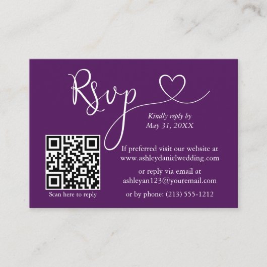 Moderne kalligrafie Hart Wedding QR RSVP Paars Informatiekaartje (Voorkant)