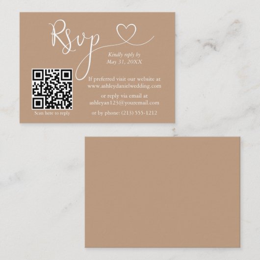 Moderne kalligrafie Hart Wedding QR RSVP Taupe Informatiekaartje (Voorkant / Achterkant)
