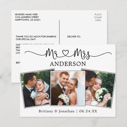 Moderne kalligrafie Hartelijk 3 Foto bruiloft Hart Briefkaart (Voorkant / Achterkant)