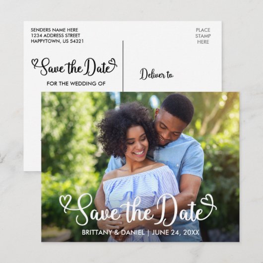 Moderne kalligrafie harten foto opslaan van de dat briefkaart (Voorkant / Achterkant)