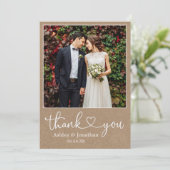 Moderne kalligrafie Hartfoto bruiloft Kraft Bedankkaart (Staand voorkant)