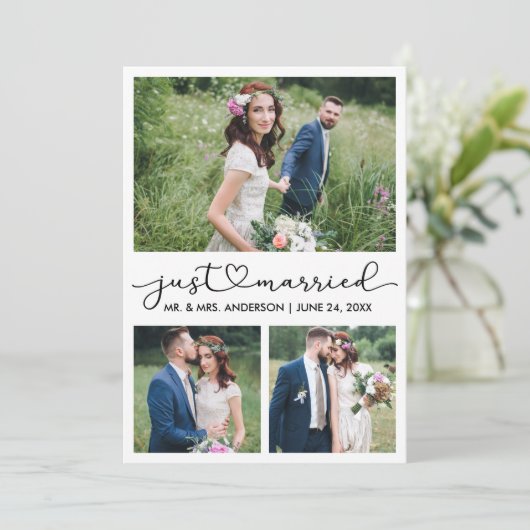 Moderne Kalligrafie Hartschrift Trouwen 3 Foto's Aankondiging (Staand voorkant)