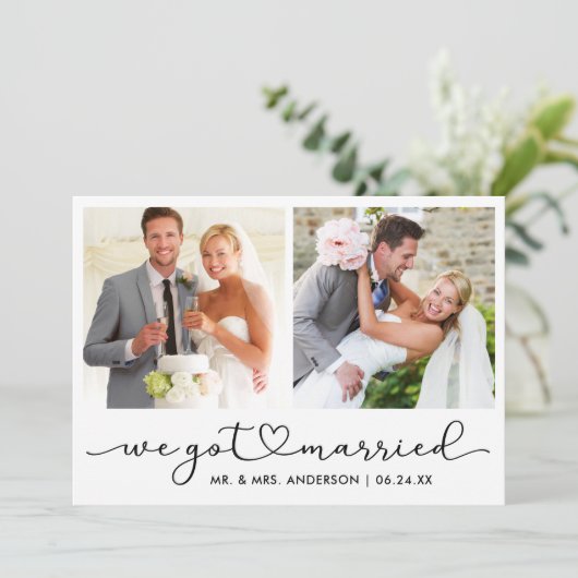 Moderne kalligrafie Heart Script 2 Fotobruiloft Aankondiging (Staand voorkant)