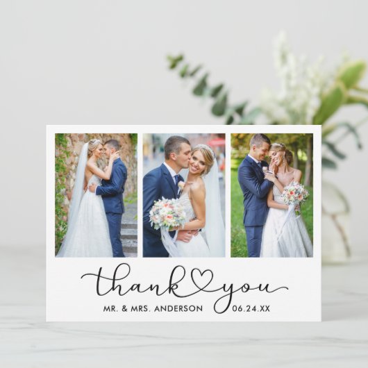 Moderne kalligrafie Heart Script 3 Fotobruiloft Bedankkaart (Staand voorkant)