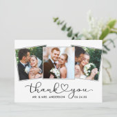Moderne kalligrafie Heart Script 3 foto's Huwelijk Bedankkaart (Staand voorkant)
