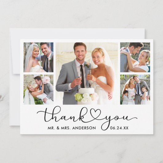 Moderne kalligrafie Heart Script 5 Fotobruiloft Bedankkaart (Voorkant)