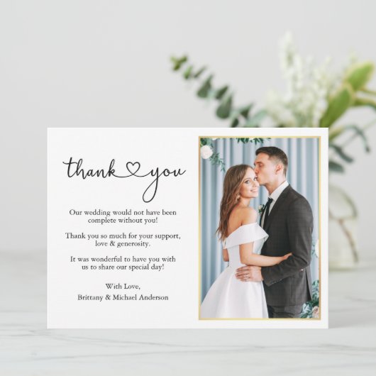 Moderne kalligrafie Heart Wedding Gold Lijst Foto Bedankkaart (Staand voorkant)