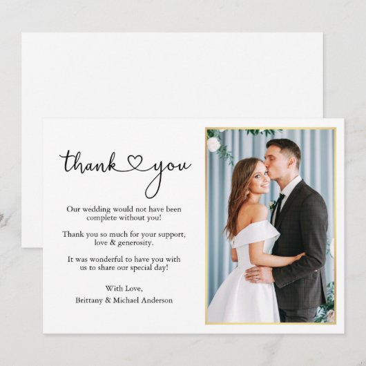 Moderne kalligrafie Heart Wedding Gold Lijst Foto Bedankkaart (Voorkant / Achterkant)