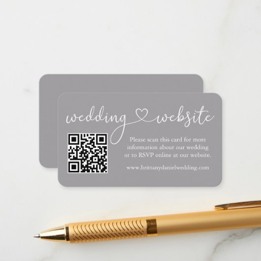 Moderne kalligrafie Heart Wedding Website QR Gray Informatiekaartje (Voorkant / Achterkant in situ)
