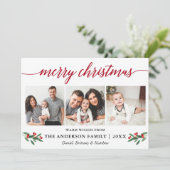 Moderne kalligrafie Holly 3 Foto Rood Feestdagenkaart (Staand voorkant)