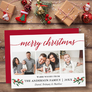 Moderne kalligrafie Holly 3 Foto Rood Feestdagenkaart