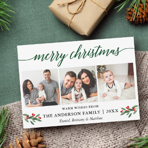 Moderne kalligrafie Holly Green Kerstmis 3 Foto Feestdagenkaart