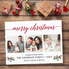 Moderne kalligrafie Holly Red Kerstmis 3 Foto Briefkaart