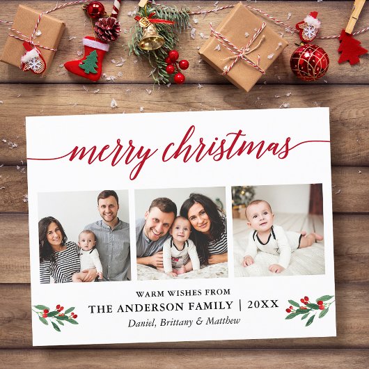 Moderne kalligrafie Holly Red Kerstmis 3 Foto Briefkaart