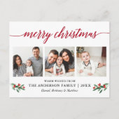 Moderne kalligrafie Holly Red Kerstmis 3 Foto Briefkaart (Voorkant)