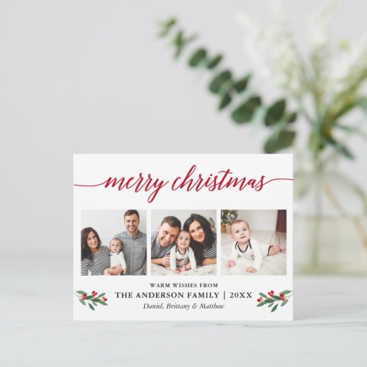 Moderne kalligrafie Holly Red Kerstmis 3 Foto Briefkaart (Staand voorkant)