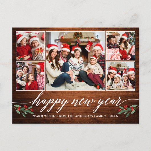 Moderne kalligrafie Hood 5 Foto Happy Nieuwjaar Briefkaart (Voorkant)