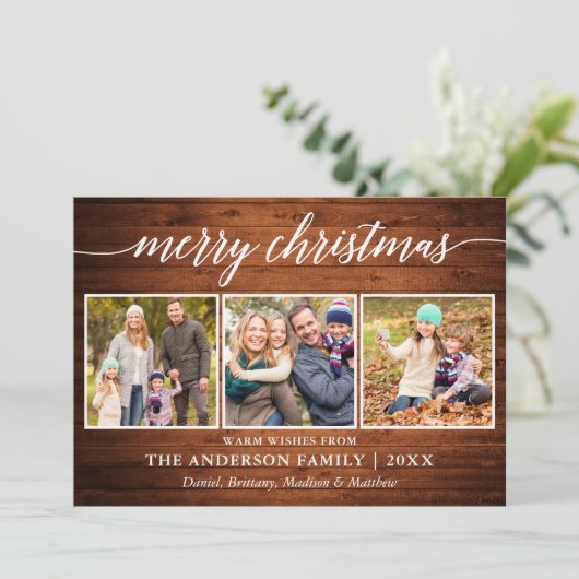 Moderne kalligrafie Hood Merry Kerstmis 3 Foto Feestdagenkaart (Staand voorkant)