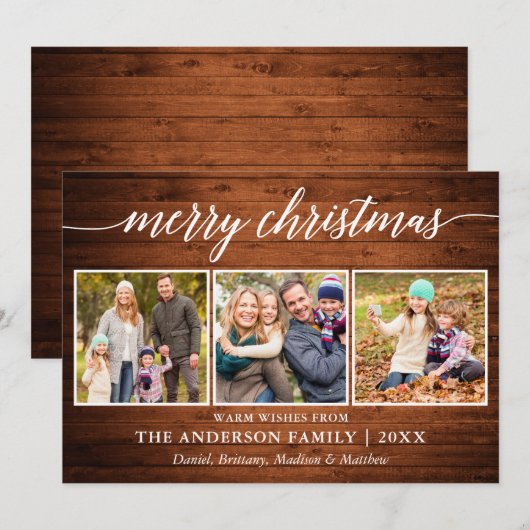 Moderne kalligrafie Hood Merry Kerstmis 3 Foto Feestdagenkaart (Voorkant / Achterkant)