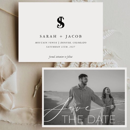 Moderne kalligrafie horizontale trouwfoto save the date