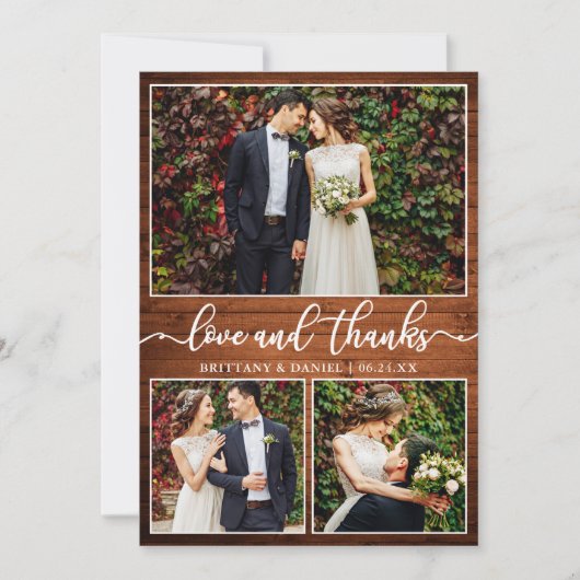 Moderne kalligrafie Hout 3 Fotobruiloft collage Bedankkaart (Voorkant)