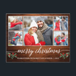 Moderne kalligrafie Hout 5 Fotokerstmis Briefkaart<br><div class="desc">Modern Kalligrafie Script 5 Foto Koppel Fotocollage Merry Christmas Briefkaart bevat Waterverf Kerst Holly Berries - Rustiek Land Hout</div>