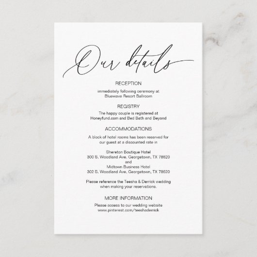 Moderne kalligrafie, huwelijksgegevens en informatiekaartje (Voorkant)