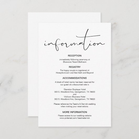 Moderne kalligrafie, huwelijksgegevens, informatie informatiekaartje (Voorkant / Achterkant)